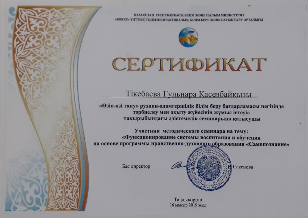 Сертификат:Тикебаева Гульнара