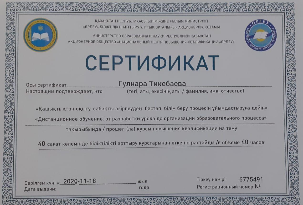 Сертификат:Тикебаева Гульнара