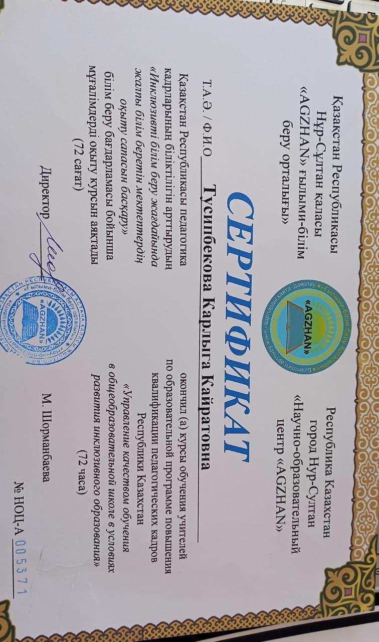 Тусипбекова Карлыга  Сертификат