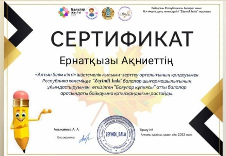 Сертификат Ернатқызы Ақниет 9-сынып оқушысы